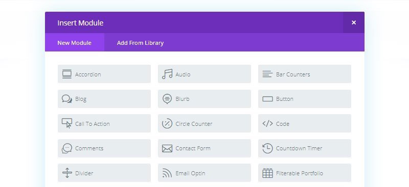 Menu showing different Divi module types