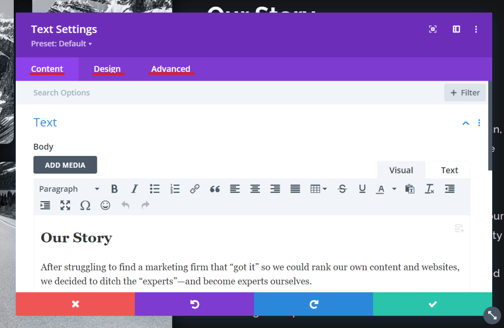 Screenshot of Divi Text Module Settings