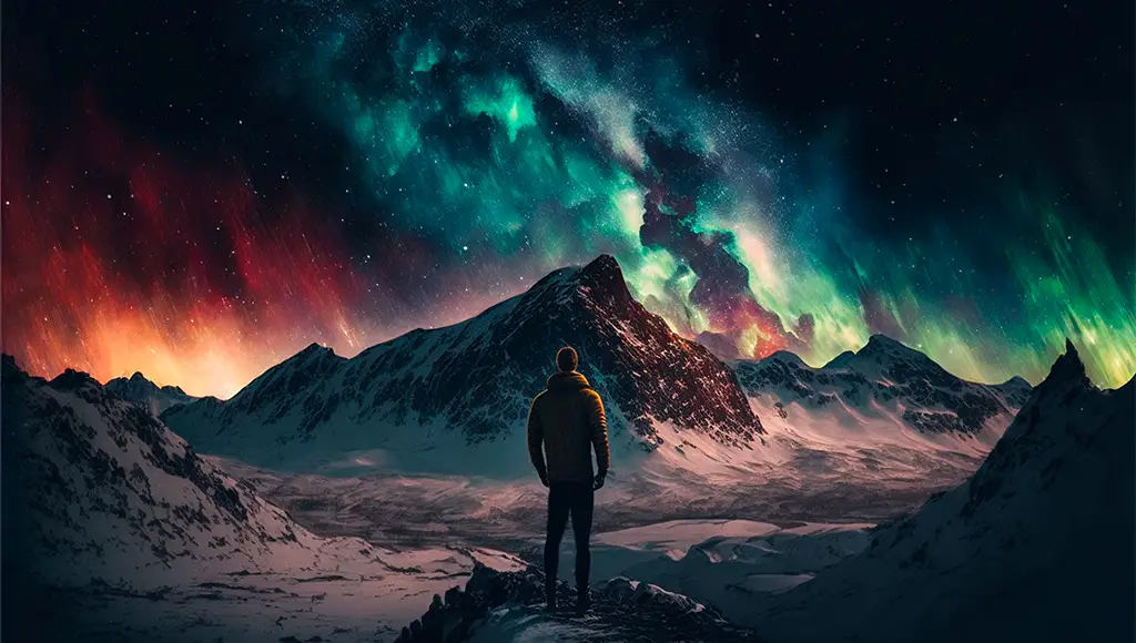 man looking at a mountain with northern lights behind him