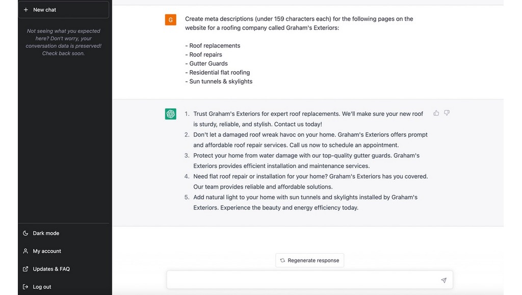 ChatGPT writing meta descriptions for fake roofing company