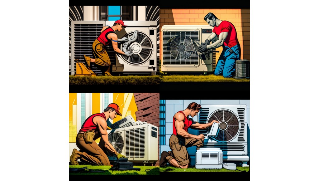 Art deco images of HVAC tech fixing outdoor air conditioner based on stock photo