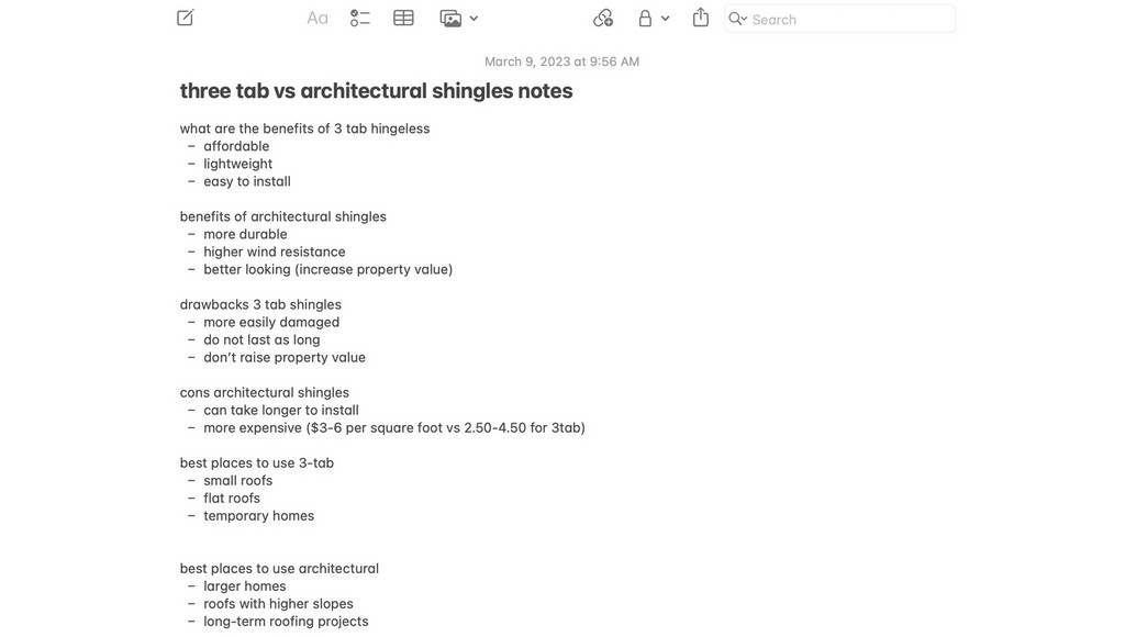 Rough notes on 3-tab vs. architectural shingles to be copied and pasted into ChatGPT for reformatting