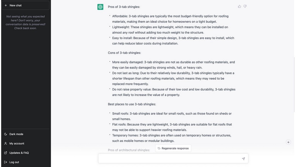 ChatGPT cleaning up rough notes on 3-tab vs. architectural shingles