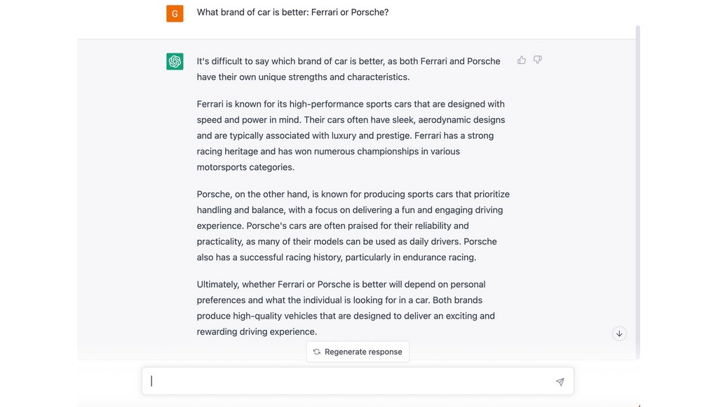 ChatGPT answering prompt about Porsche vs. Ferrari