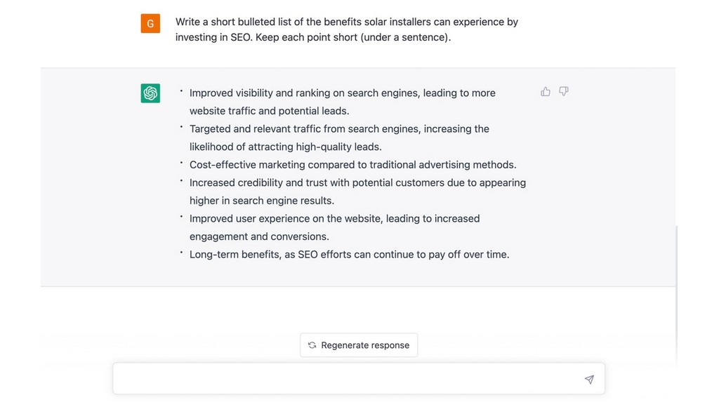 ChatGPT making bulleted list about SEO for solar installers