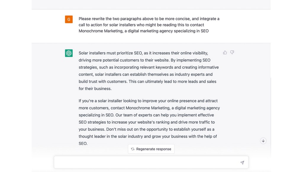 ChatGPT refining prompt about SEO for solar installers