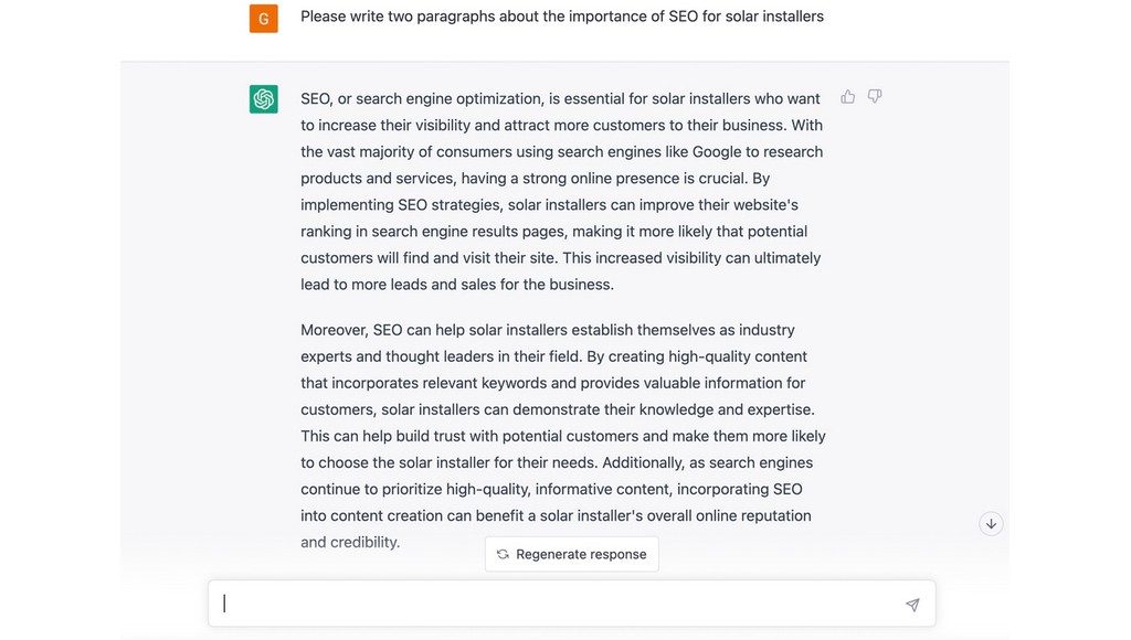 ChatGPT answering prompt about SEO for solar installers
