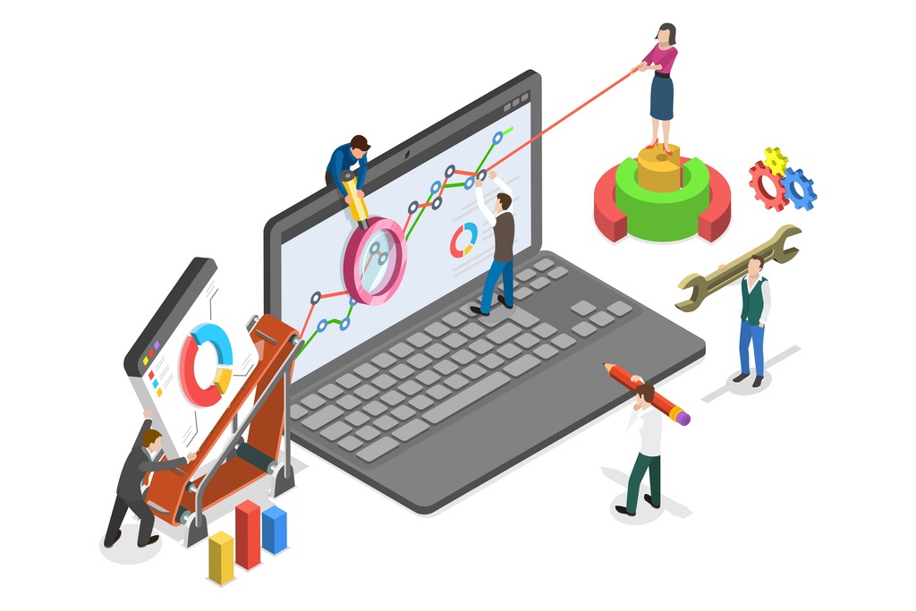 Rendering of miniature people working on laptop to symbolize backend optimization for technical SEO