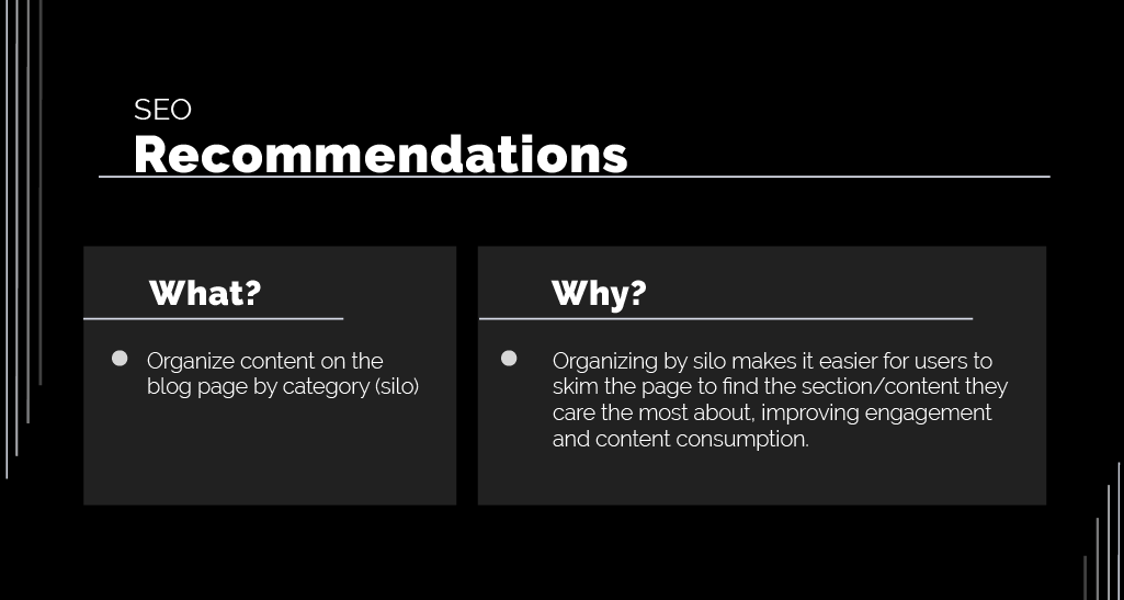 SEO recommendations from recent client website audit.  